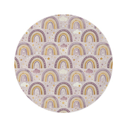 Amethyst Rainbows round nursery rug on a baby room floor
