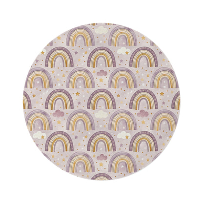 Amethyst Rainbows round nursery rug on a baby room floor