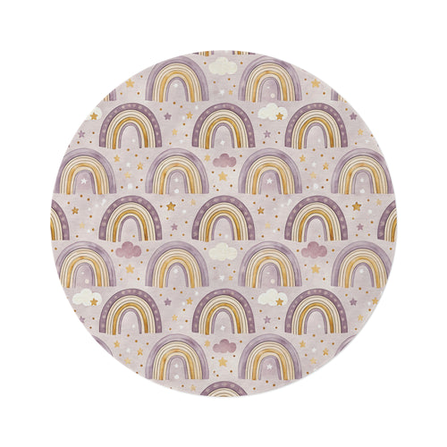 Amethyst Rainbows round nursery rug on a baby room floor