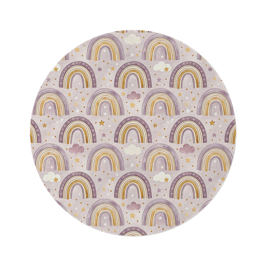 Amethyst Rainbows round nursery rug on a baby room floor