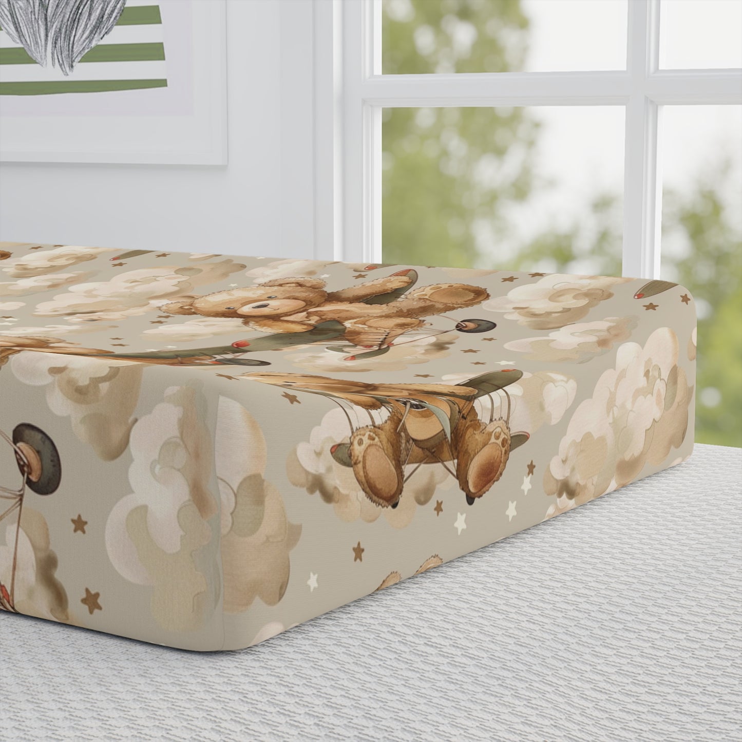 Close detail of the Aviator Bears print on the changing pad cover