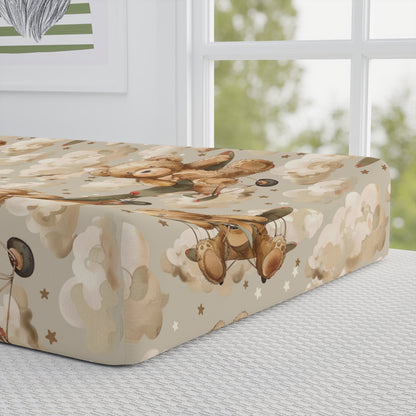 Close detail of the Aviator Bears print on the changing pad cover