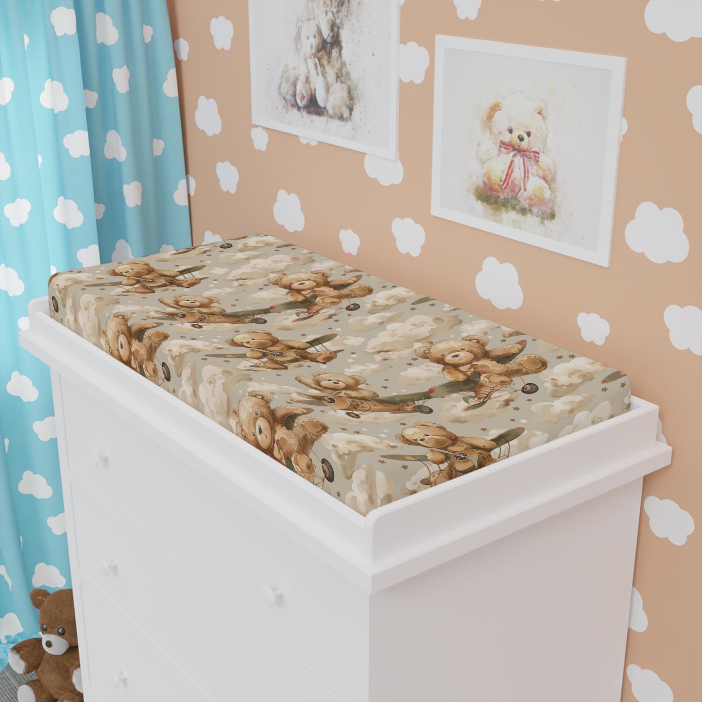 Aviator Bears changing pad cover fitted over a contoured pad