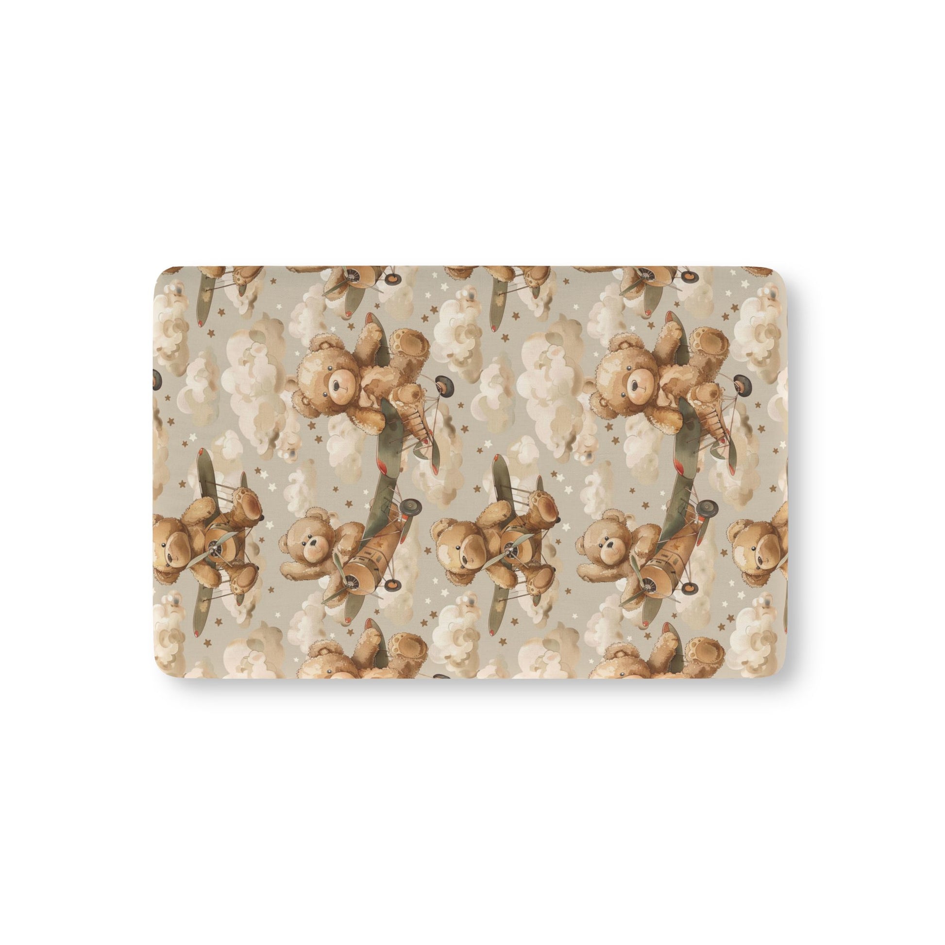 Aviator Bears fitted crib sheet on a nursery crib mattress