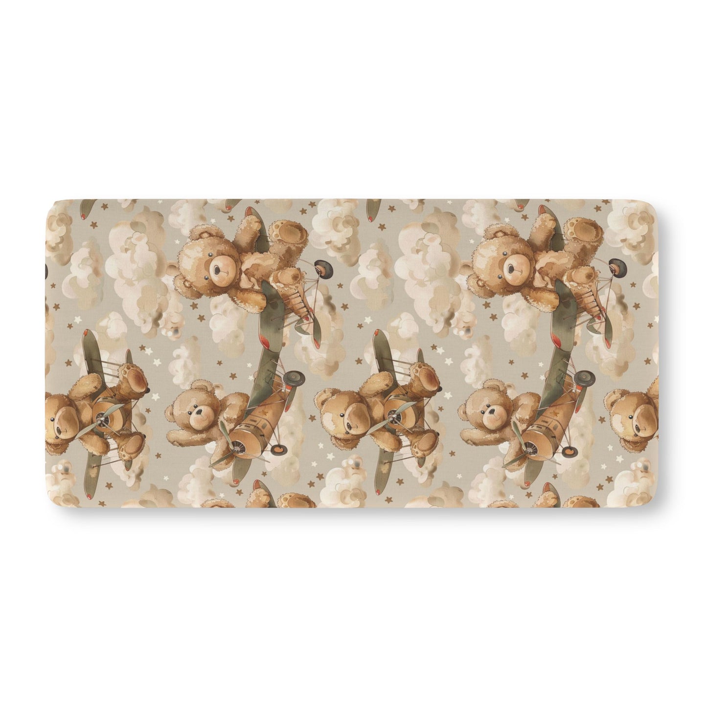 Fitted crib sheet with teddy bears flying biplanes through clouds