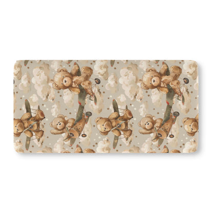 Fitted crib sheet with teddy bears flying biplanes through clouds
