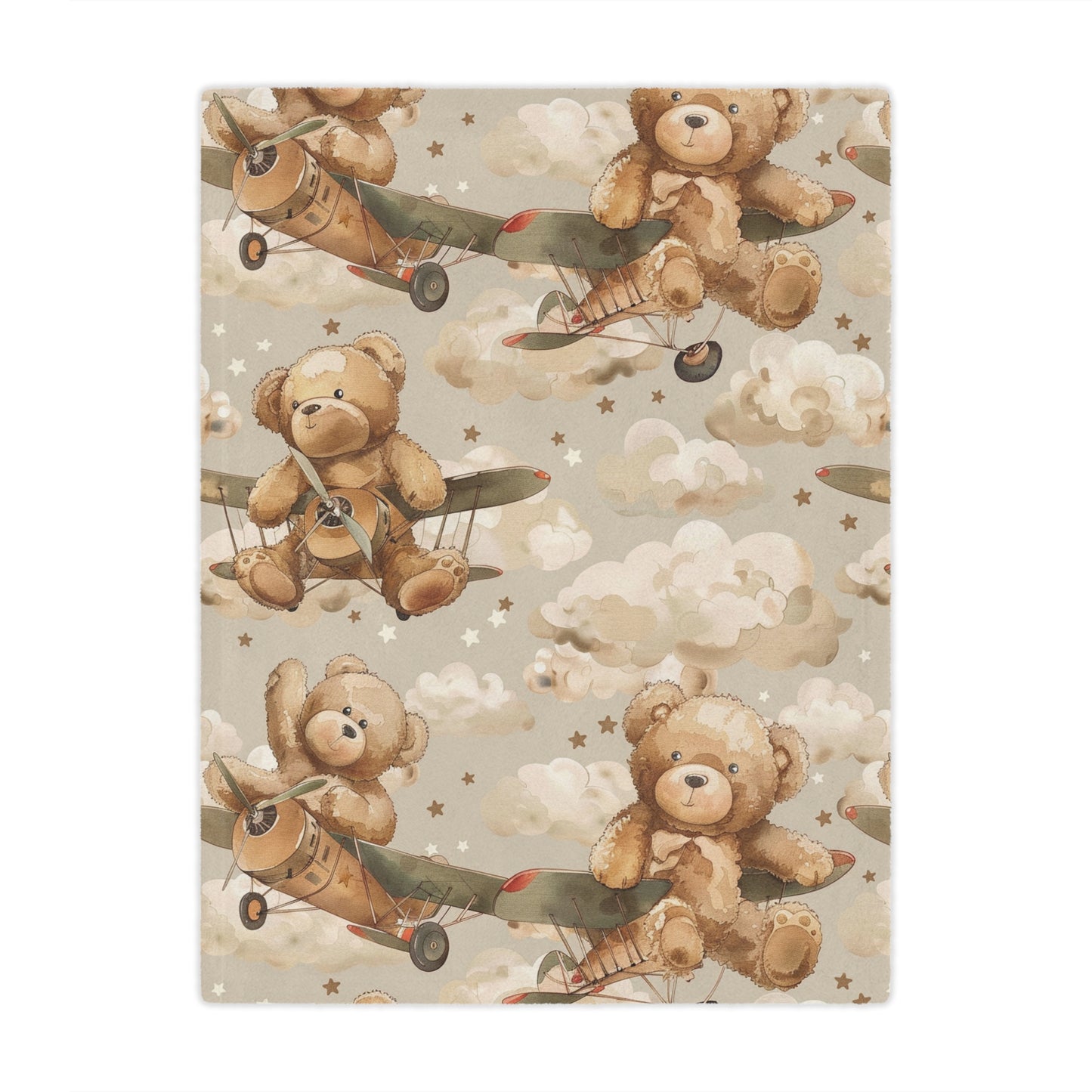 Minky baby blanket in tan and brown, Aviator Bears print