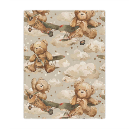 Minky baby blanket in tan and brown, Aviator Bears print