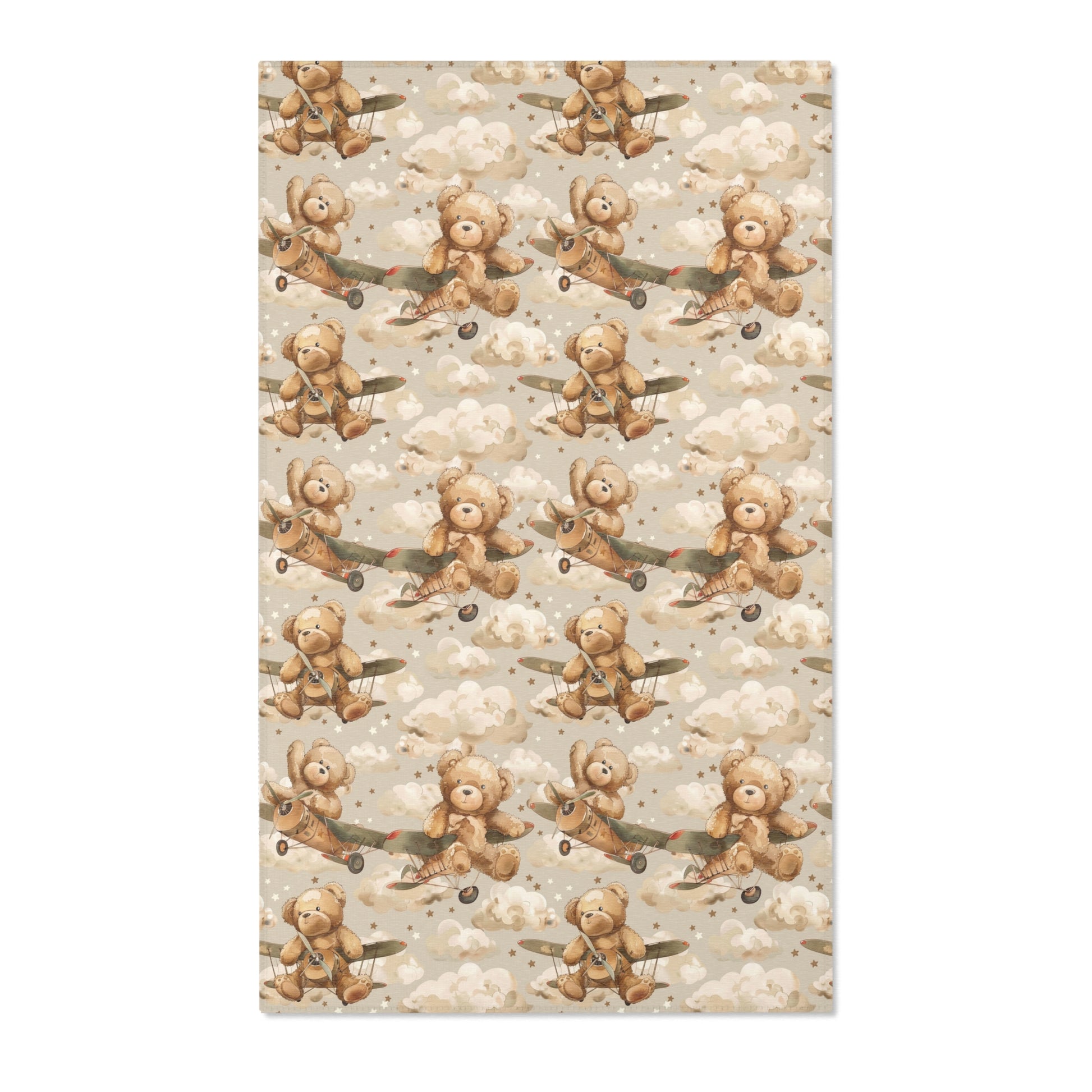 Vintage plane nursery area rug in tan and brown