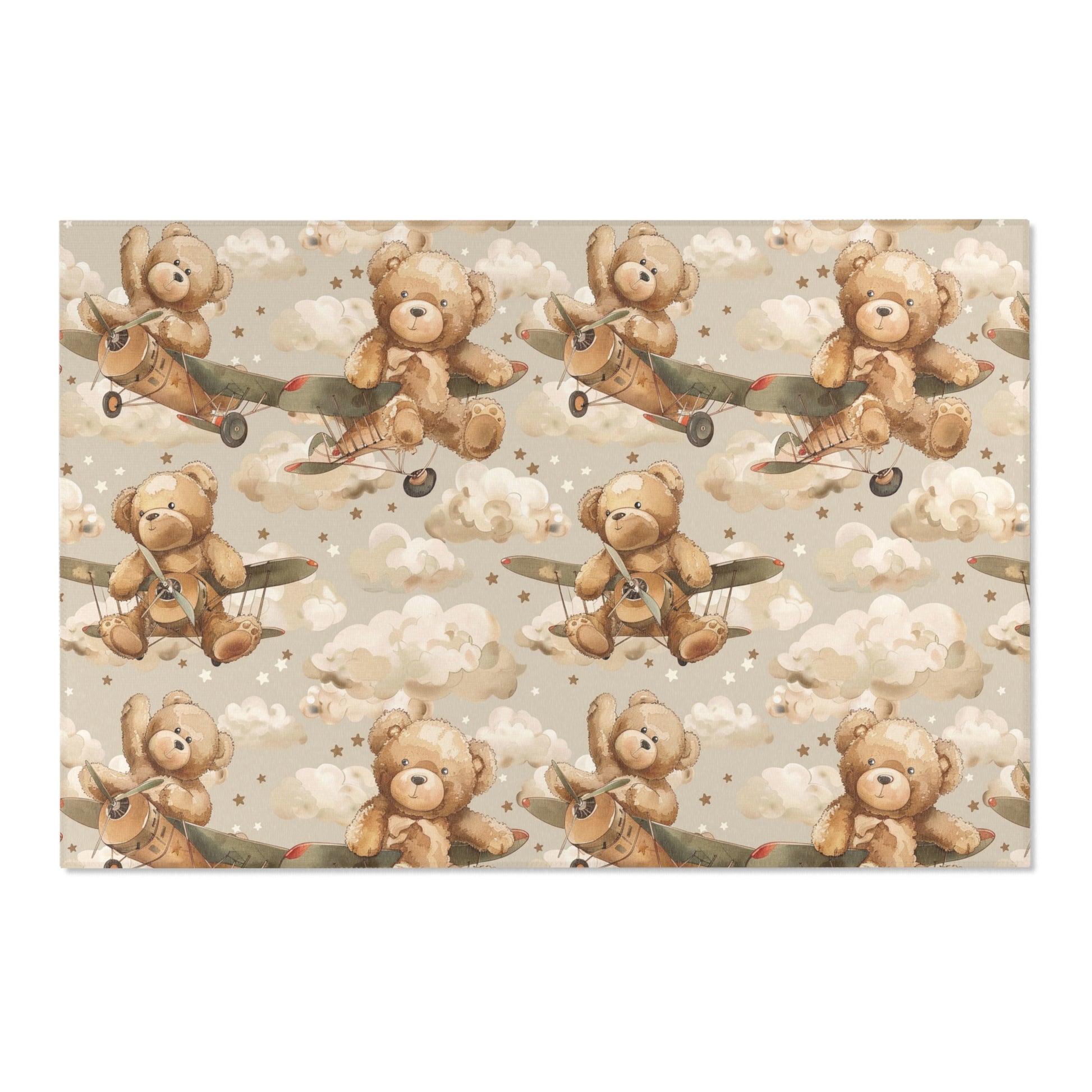 Low pile nursery rug with teddy bears flying through clouds