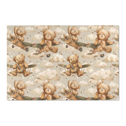 Low pile nursery rug with teddy bears flying through clouds