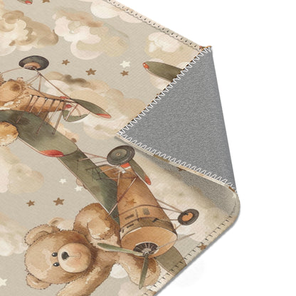 Vintage plane rug in tan and brown for a nursery floor