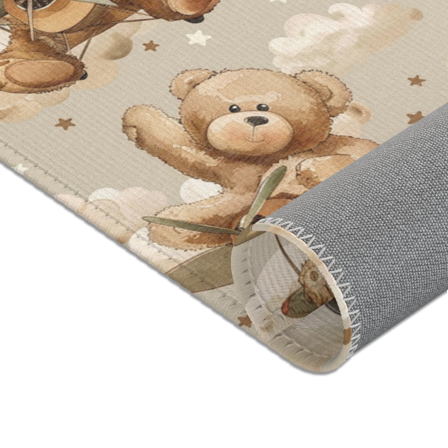 Corner detail of the Aviator Bears nursery area rug