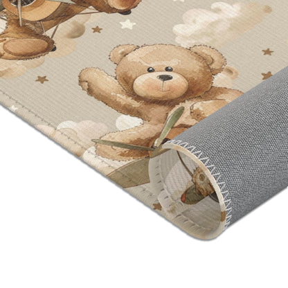 Corner detail of the Aviator Bears nursery area rug