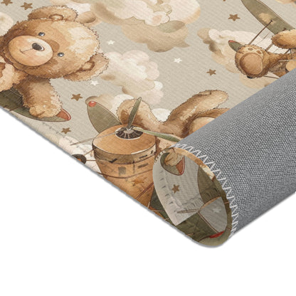 Bears, biplanes and painted clouds across the nursery area rug