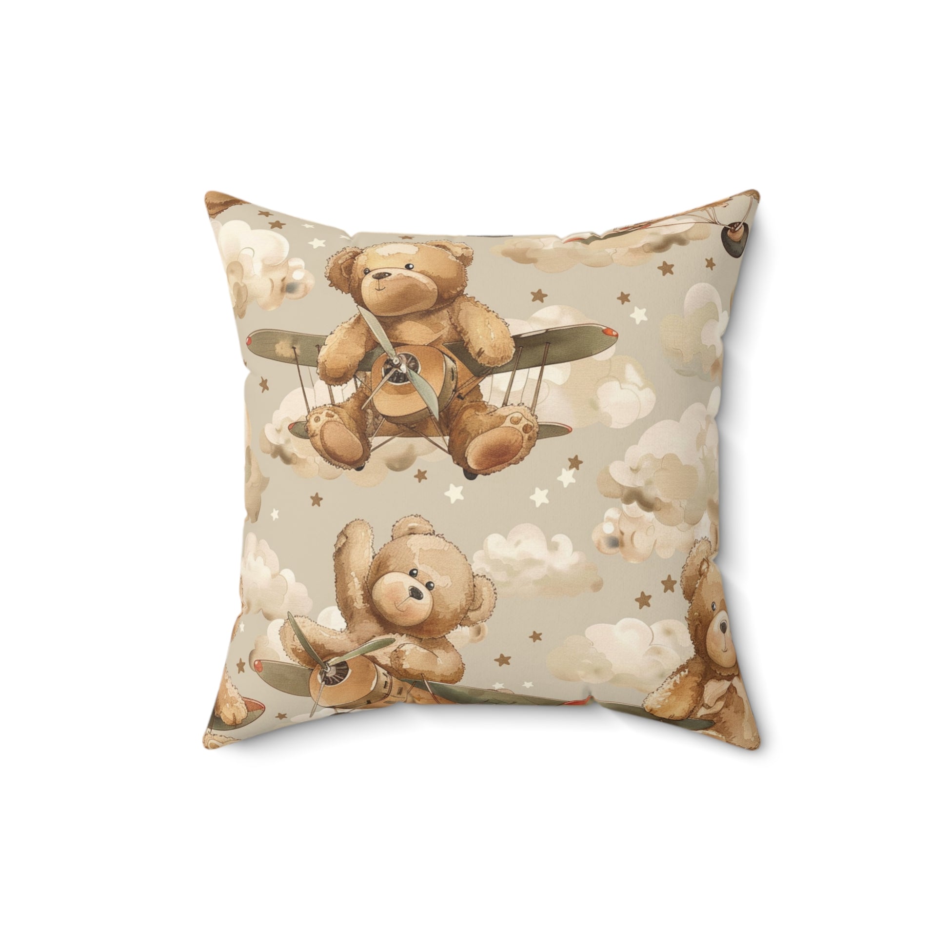 Faux suede nursery pillow with teddy bears flying biplanes