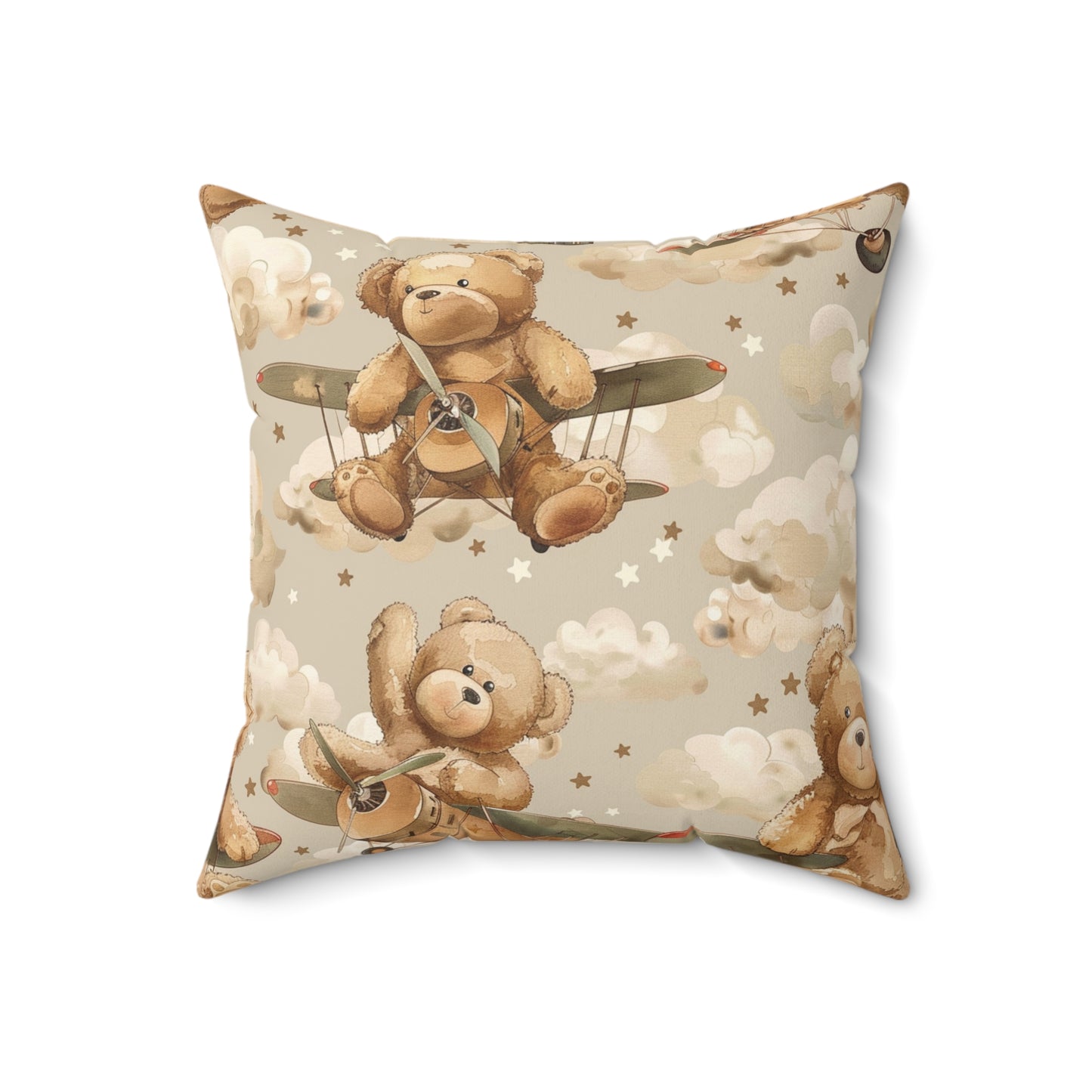 Close detail of the bear and plane print on the faux suede pillow