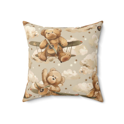 Close detail of the bear and plane print on the faux suede pillow