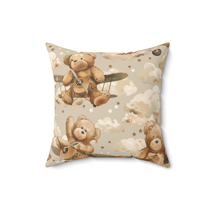 Nursery pillow in tan and cream, Aviator Bears print