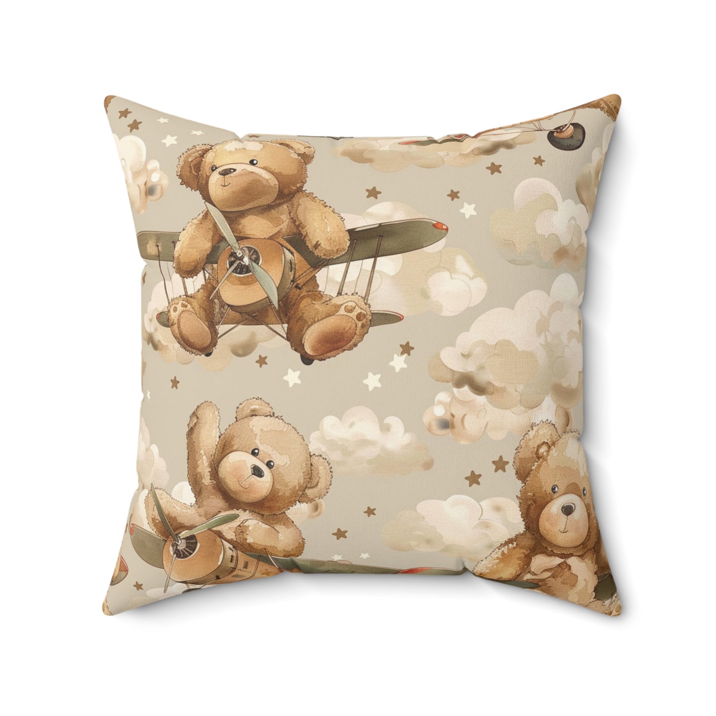Faux suede pillow with bears, biplanes and painted clouds
