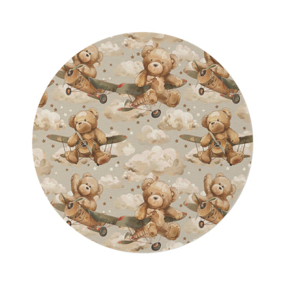 Aviator Bears round nursery rug on a baby room floor