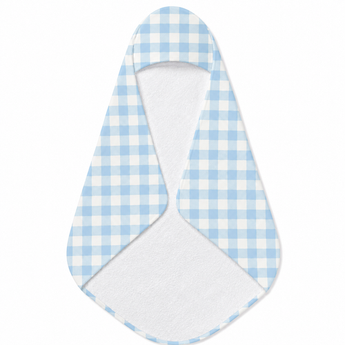 Baby Blue Gingham hooded baby towel wrapped around a baby