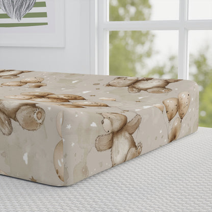Close detail of the Balloon Bears print on the changing pad cover