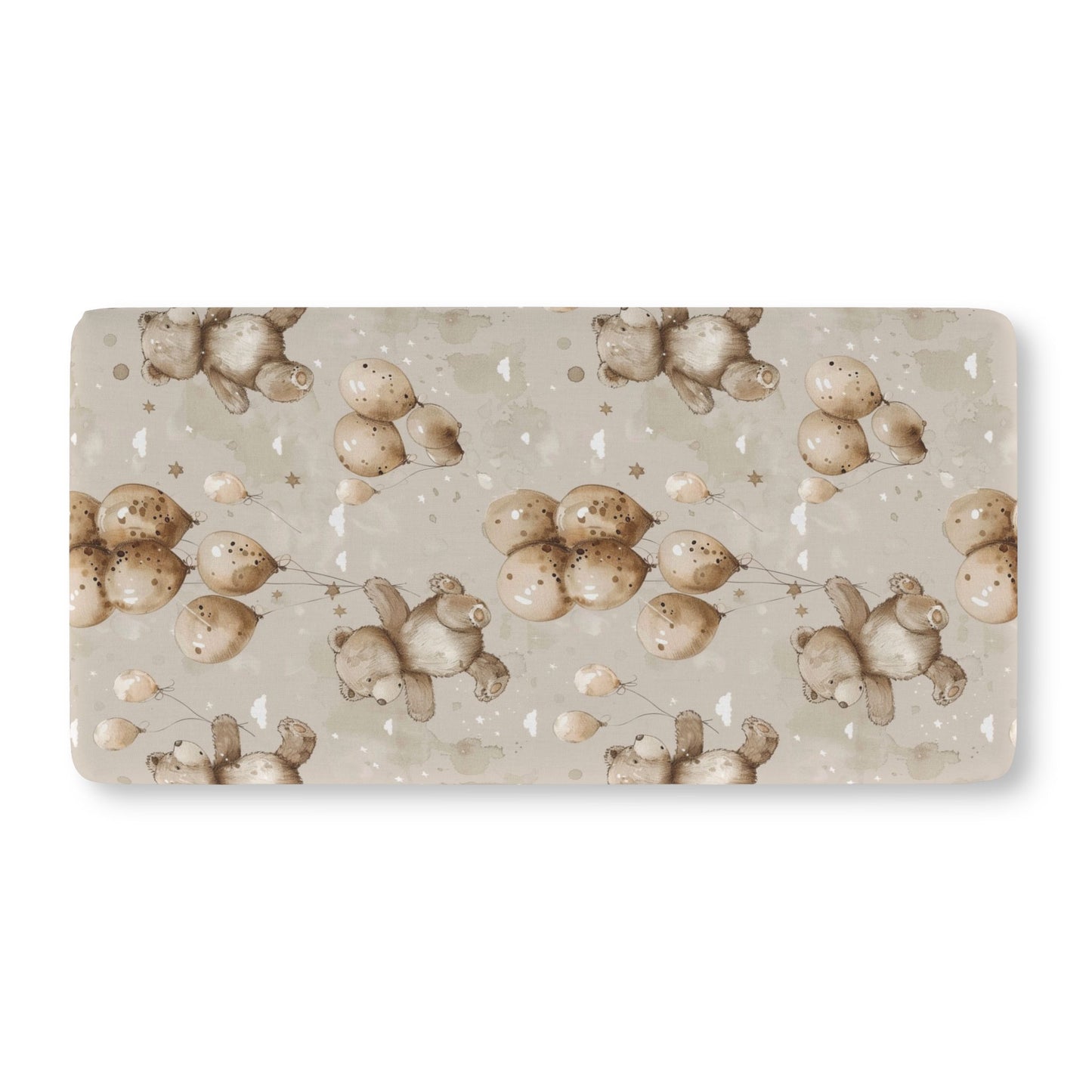 Fitted crib sheet with teddy bears and balloons on sage-taupe