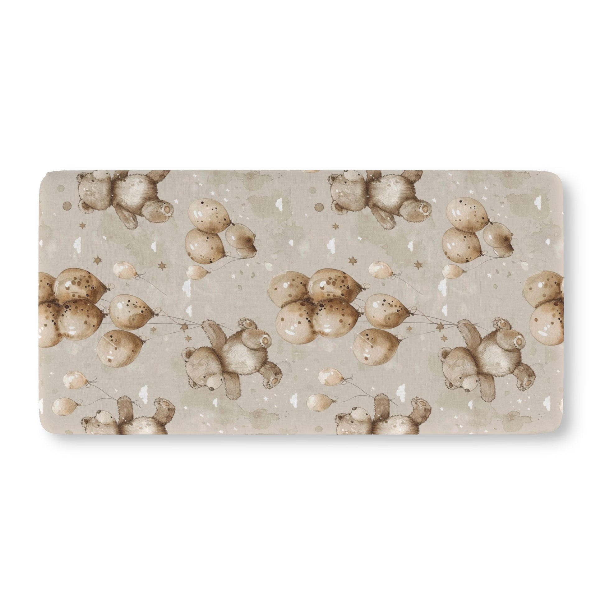 Fitted crib sheet with teddy bears and balloons on sage-taupe