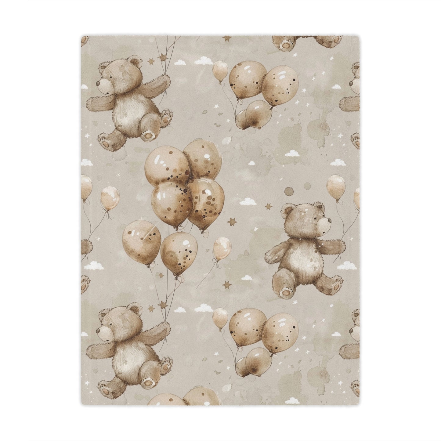 Minky baby blanket in taupe and sage, Balloon Bears print