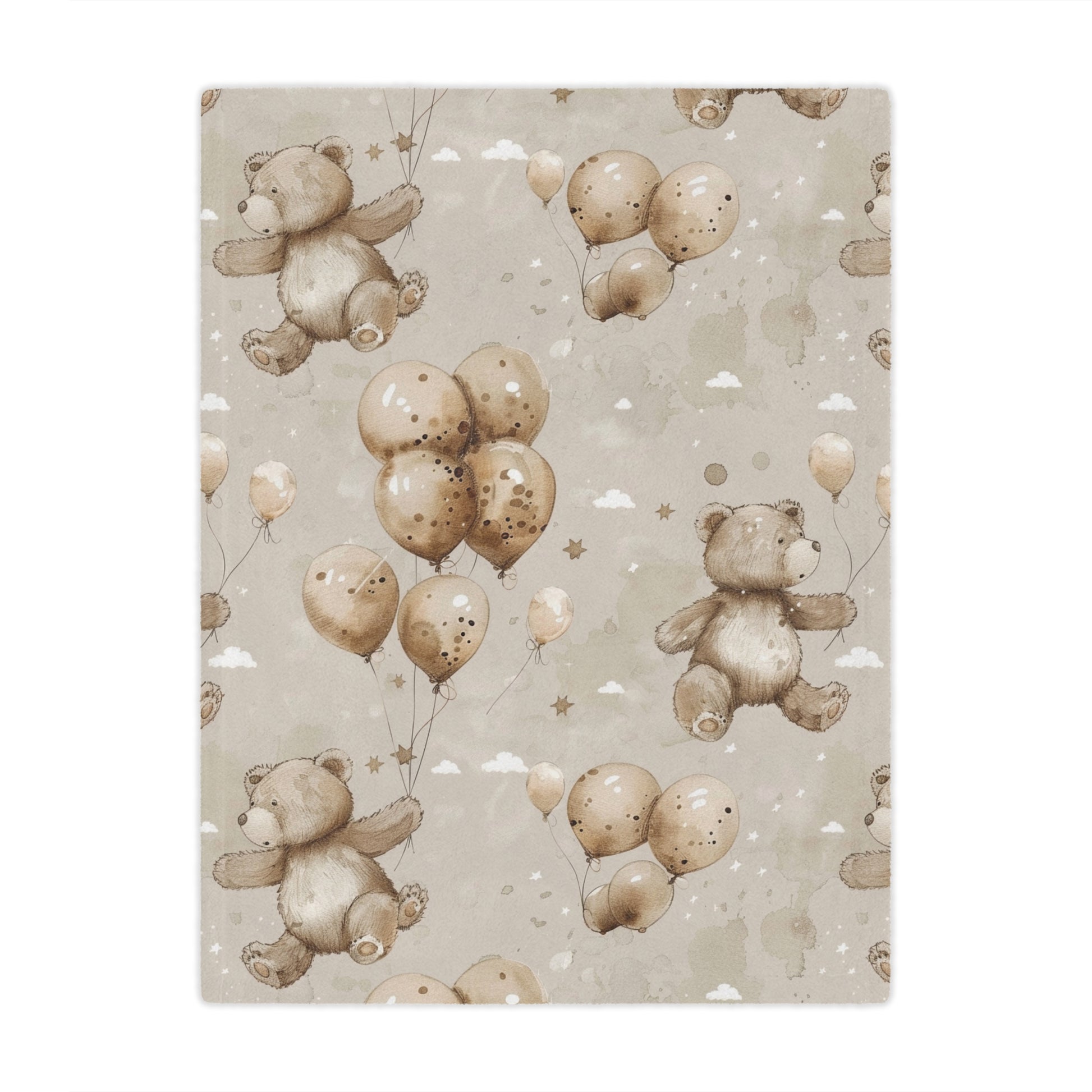 Minky baby blanket in taupe and sage, Balloon Bears print