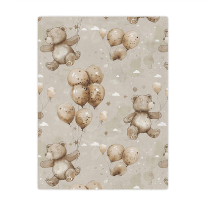 Minky baby blanket in taupe and sage, Balloon Bears print