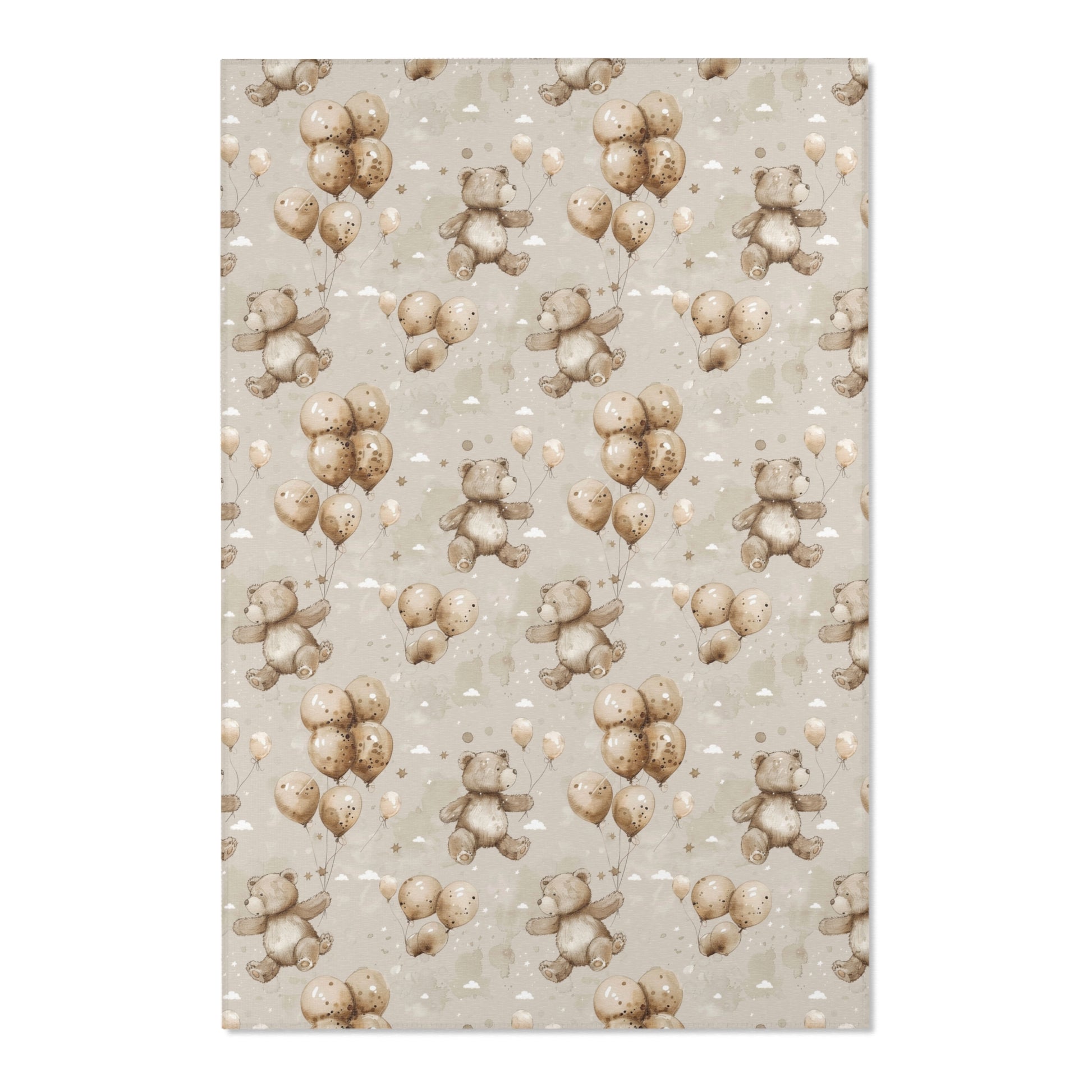Close detail of the bears and balloons on the nursery area rug