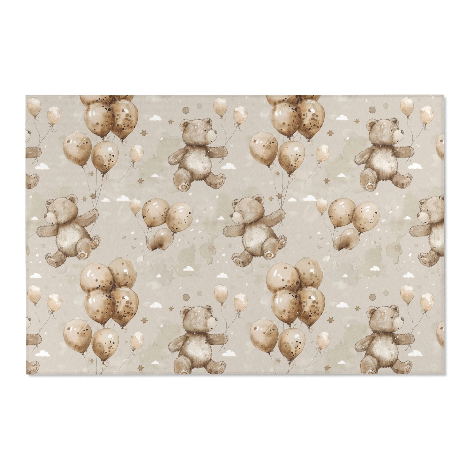 Low pile nursery rug with teddy bears drifting on balloons