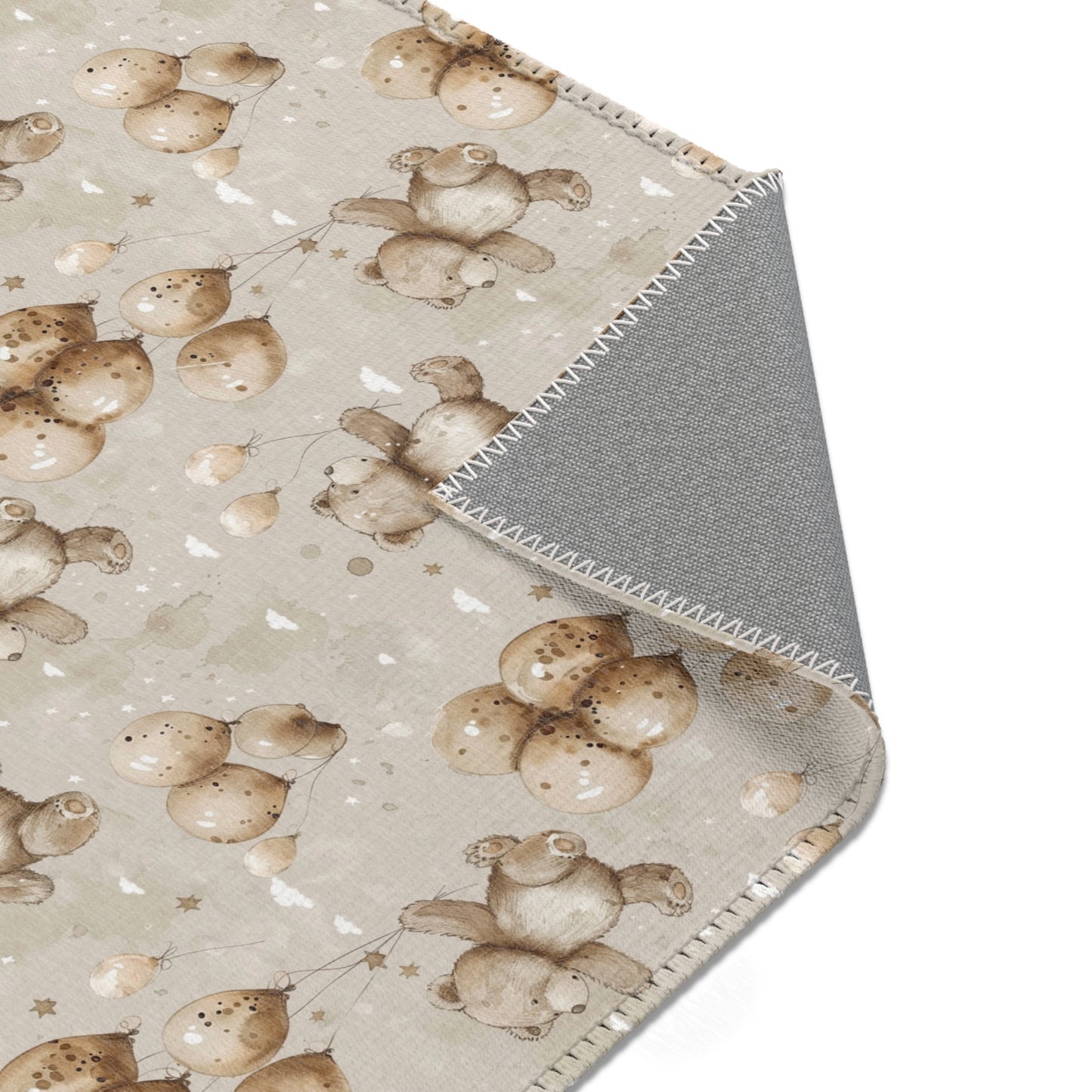 Nursery area rug printed edge to edge with bears and balloons