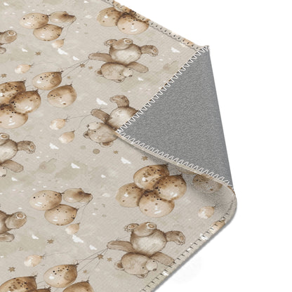 Nursery area rug printed edge to edge with bears and balloons