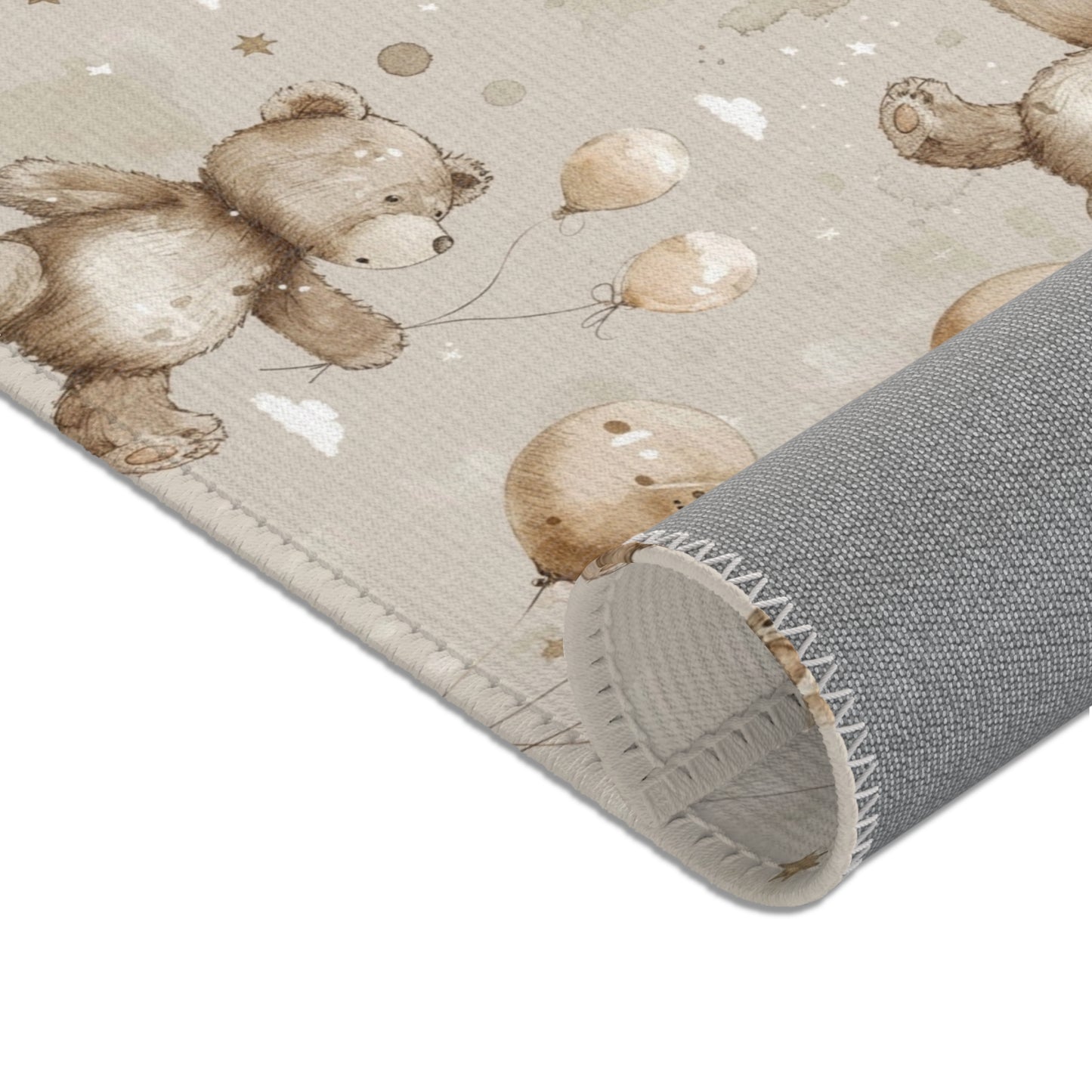 Bears, balloon clusters and small clouds across the area rug