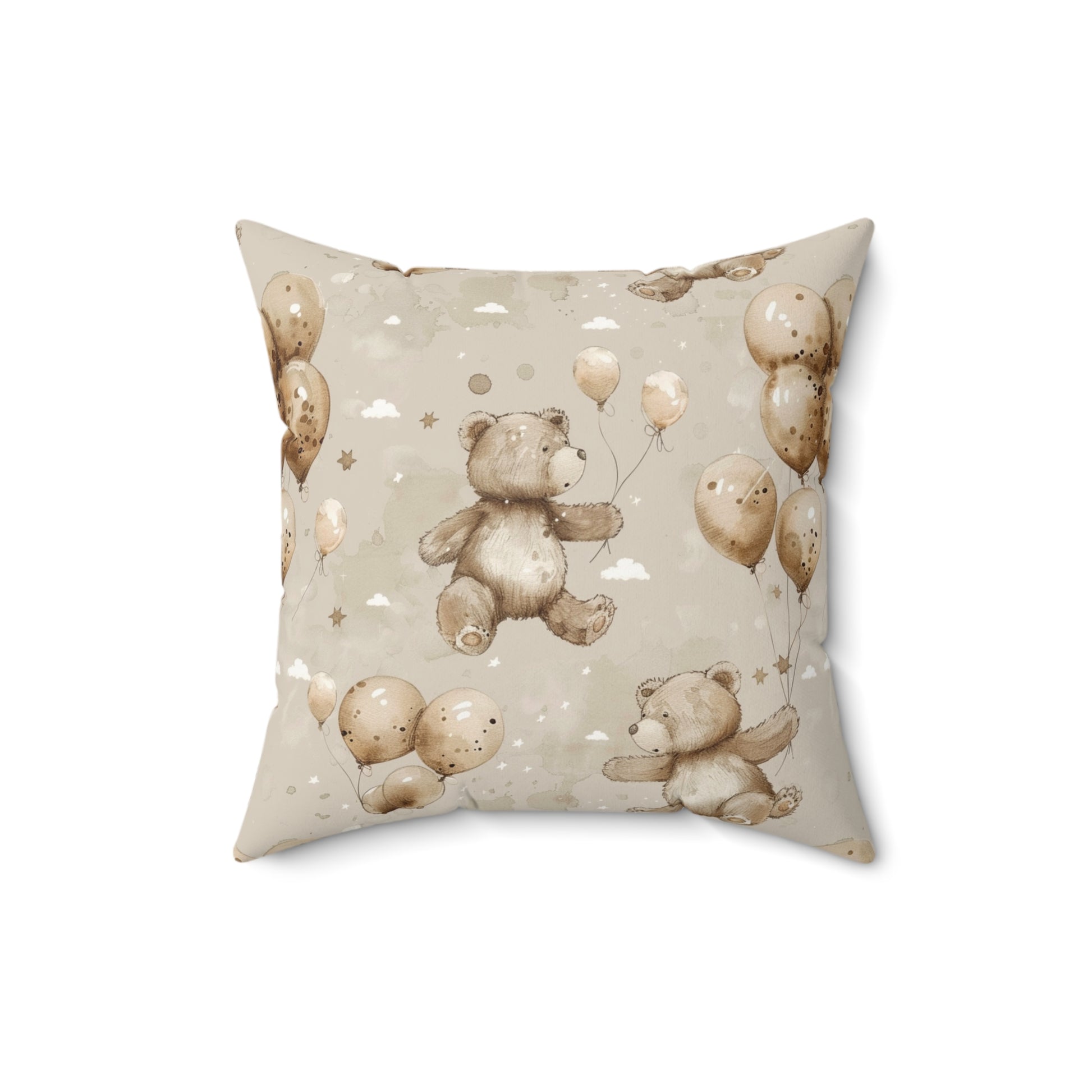Faux suede nursery pillow with teddy bears and balloon clusters