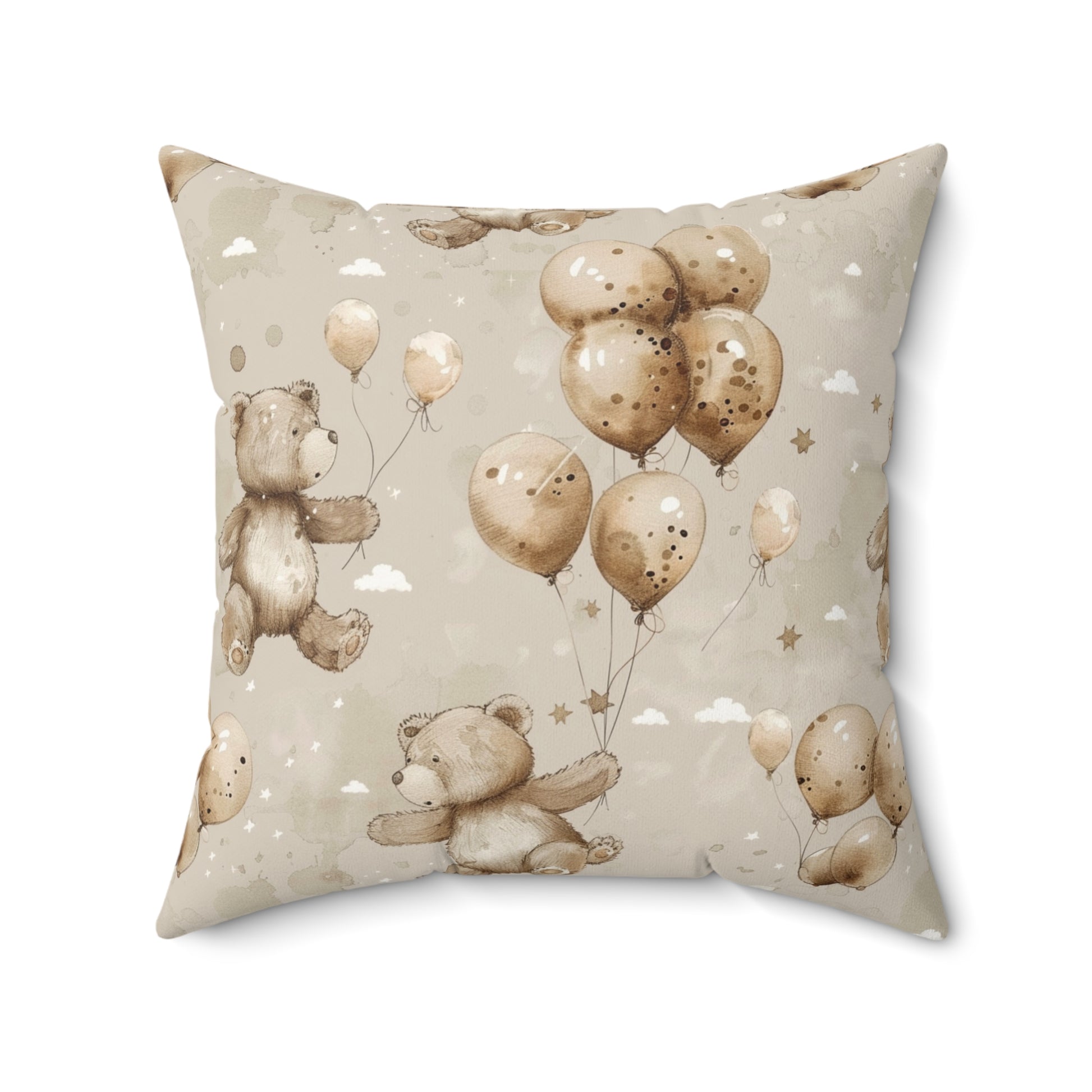 Faux suede pillow with drifting bears, balloons and clouds