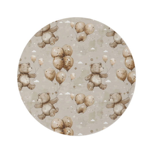 Balloon Bears round nursery rug on a baby room floor