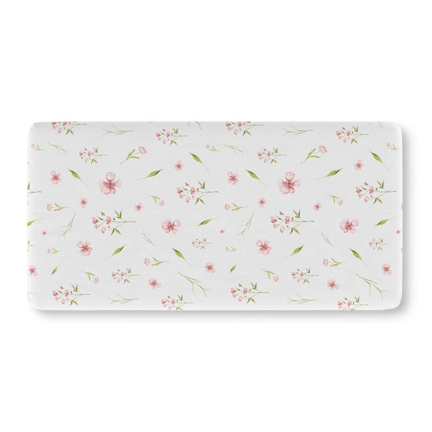 Pink watercolour floral crib sheet on a standard crib mattress