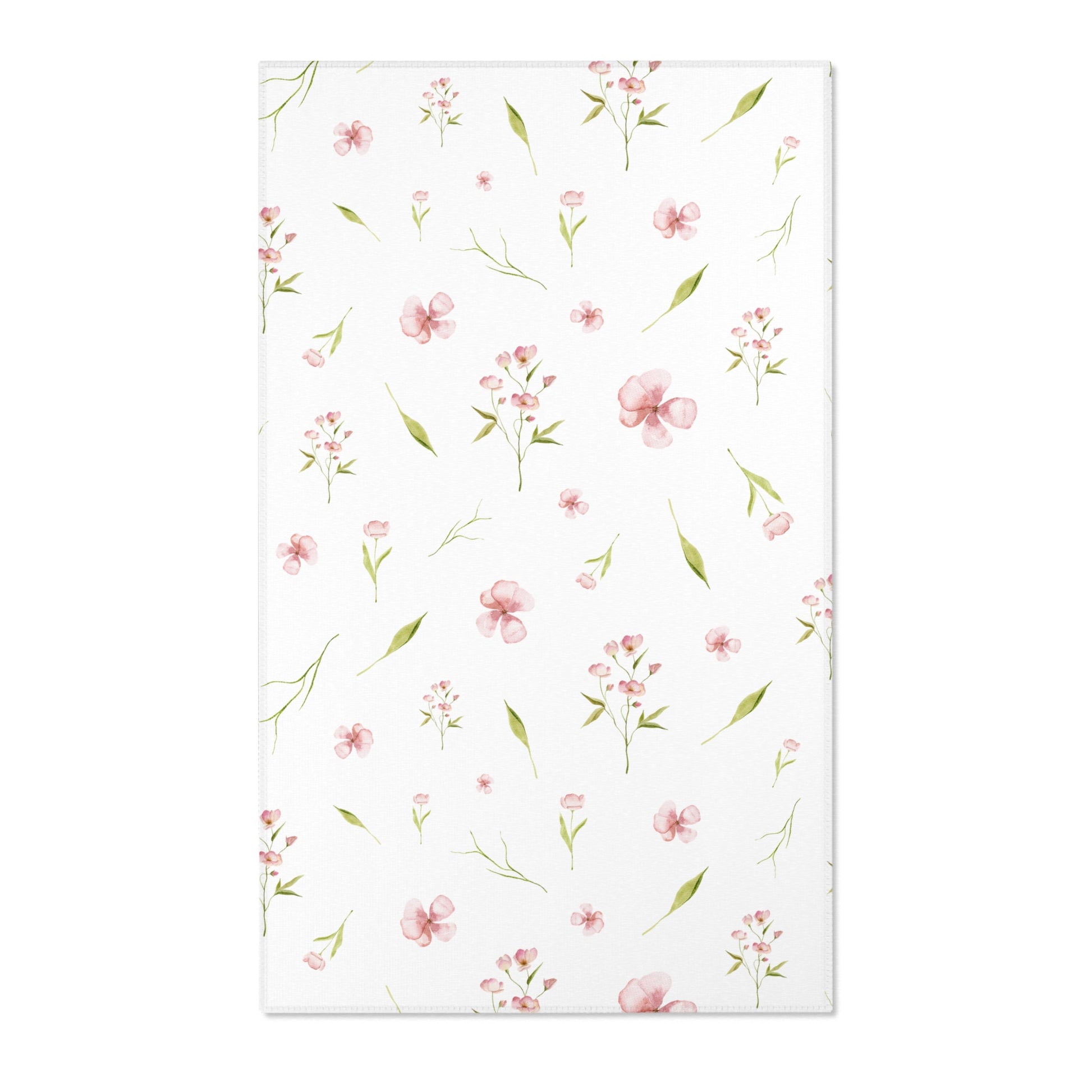Pink floral nursery area rug with watercolour blooms on white