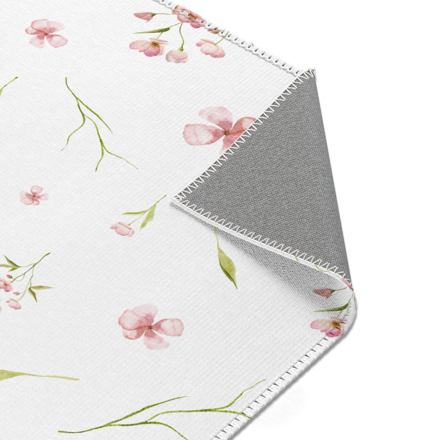 Blush Blossom rug, pink blooms and fine green stems on white