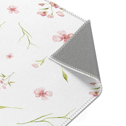 Blush Blossom rug, pink blooms and fine green stems on white