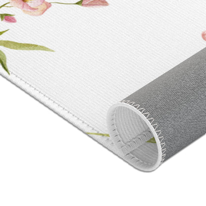 Close detail of the Blush Blossom floral rug print