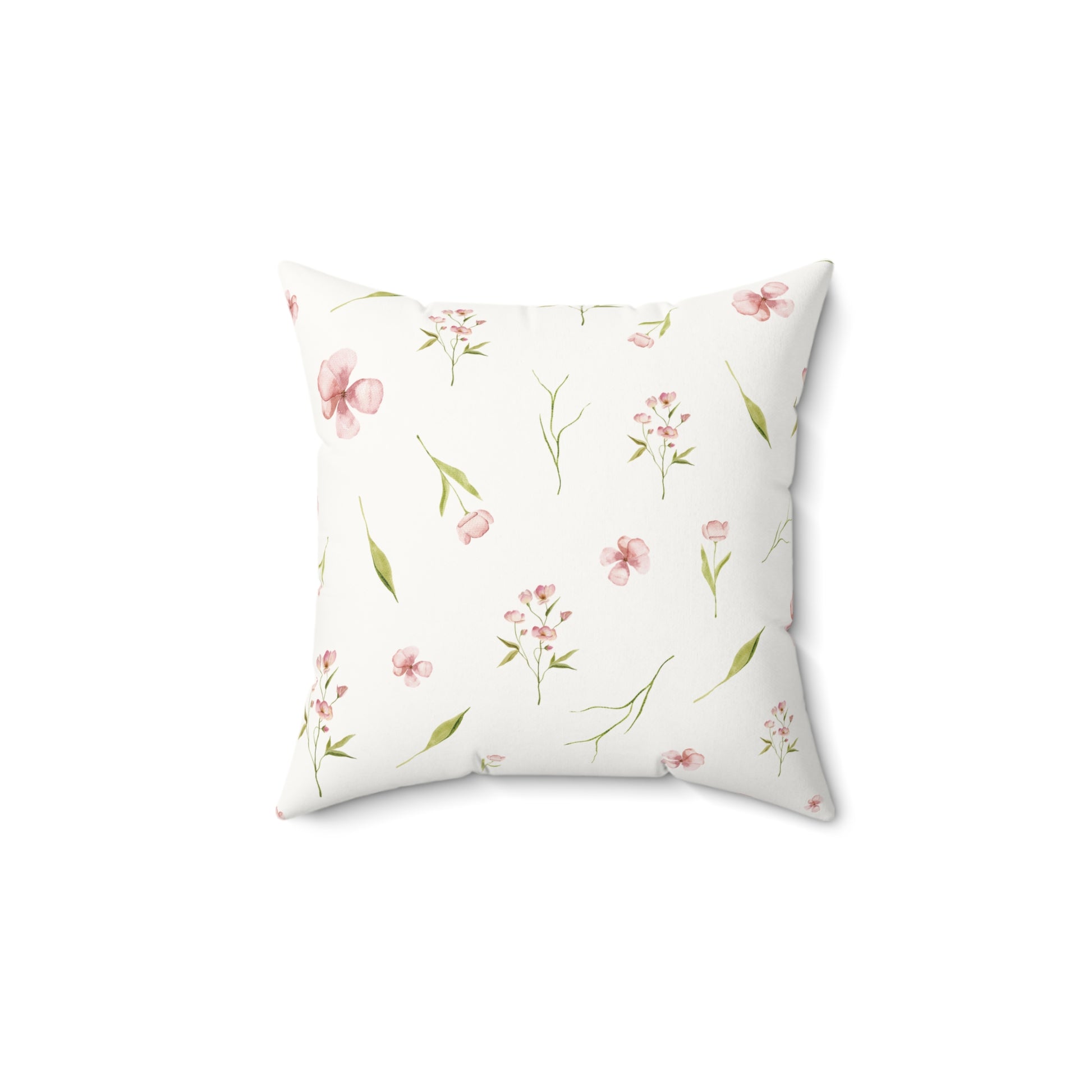 Blush Blossom pillow, pink blooms and green leaves on white