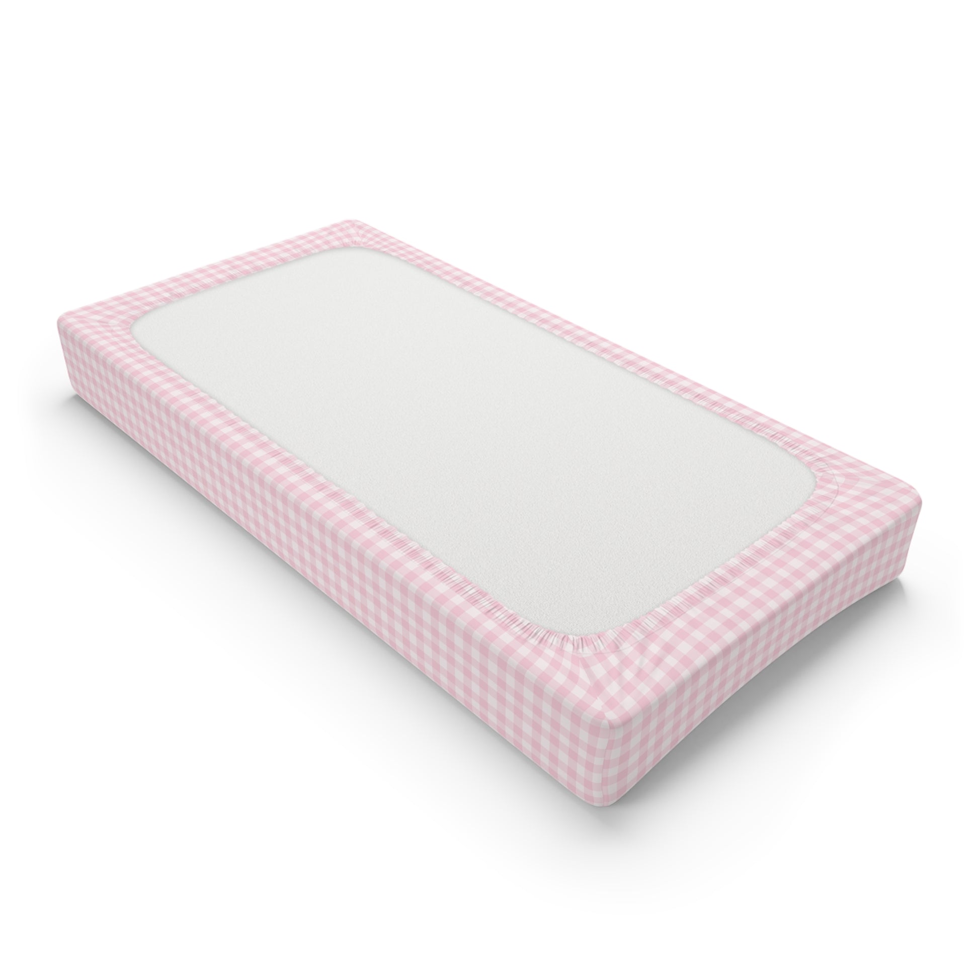 Fitted changing pad cover in pink gingham with elastic edges