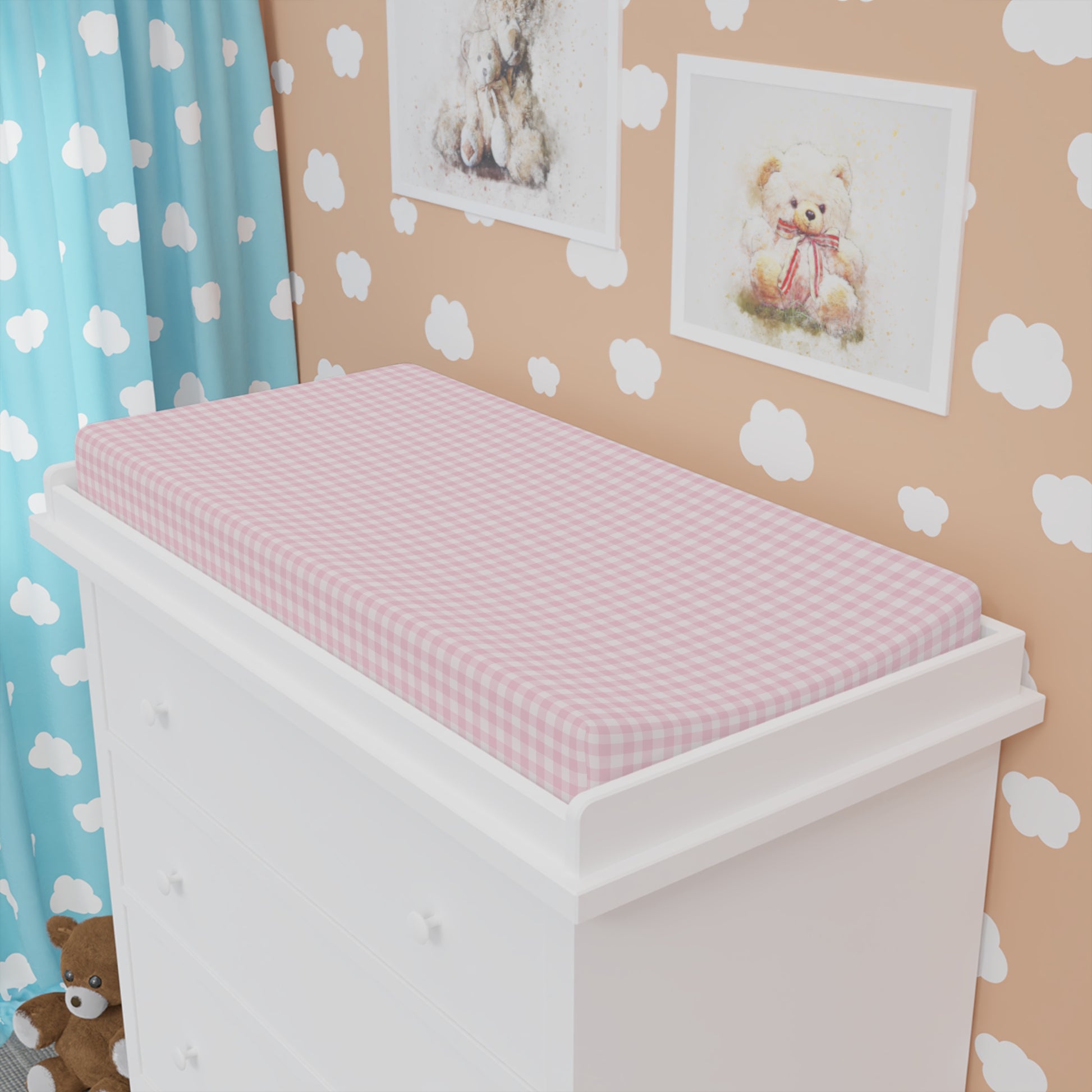 Close detail of the Blush Gingham check on the changing pad cover