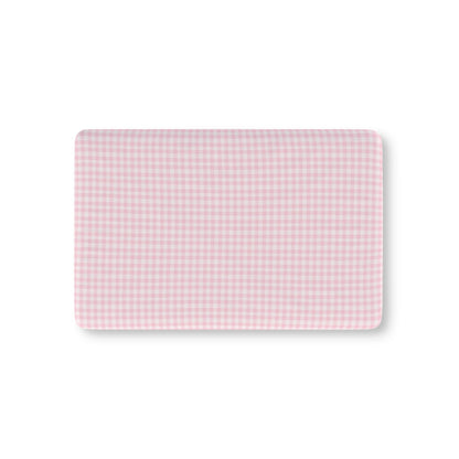 Blush Gingham fitted crib sheet on a nursery crib mattress
