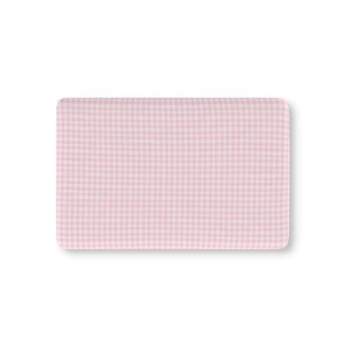 Blush Gingham fitted crib sheet on a nursery crib mattress